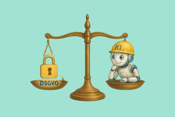 KI-generiert. Eine altmodische Waage, links ein Schloss mit DSGVO, rechts ein KI-Roboter der zur linken Waagschale schaut.