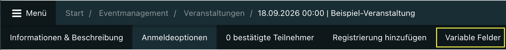 Screenshot aus der Software: Markierter Tab "Variable Felder".