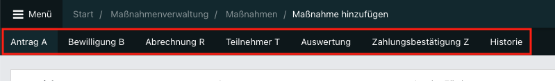 Screenshot der sieben Tabs in einer geöffneten Maßnahme.