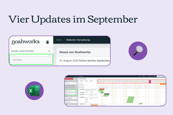 Lila Kachel mit Dashboard-Schnellsuche, darunter breite monatsübergreifende Kalenderansicht; daneben runde Lupen- und Excel-Icons für Extras-Suche und Excel-Export.