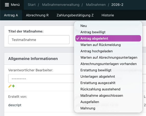 Screenshot des geöffneten Dropdowns für den Status.