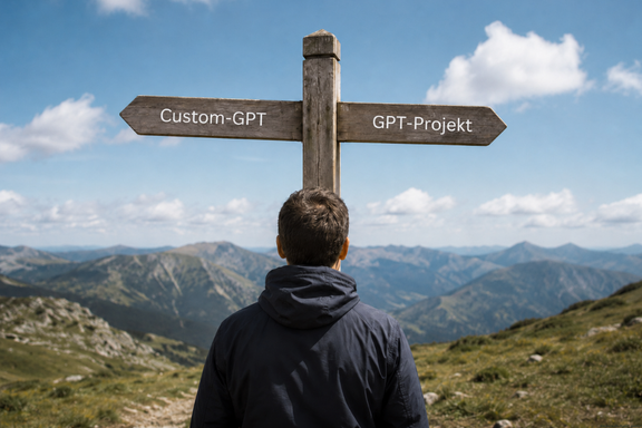 Ein Mann steht mit dem Rücken zur Kamera vor einem hölzernen Wegweiser in den Bergen. Der linke Pfeil zeigt auf „Custom-GPT“, der rechte Pfeil auf „GPT-Projekt“.
