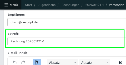 Screenshot aus der Software: geöffneter Versand einer Rechnung.