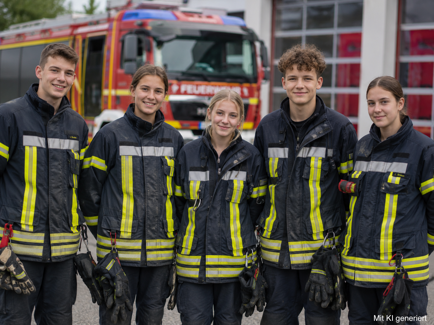 KI-generiertes Bild: 5 Jugendliche vor einer Feuerwache in entsprechender Ausrüstung.