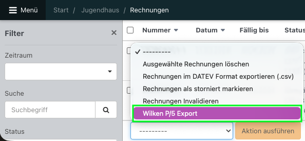 Screenshot aus der Software: geöffnete Dropdown-Menü der Massenaktionen.