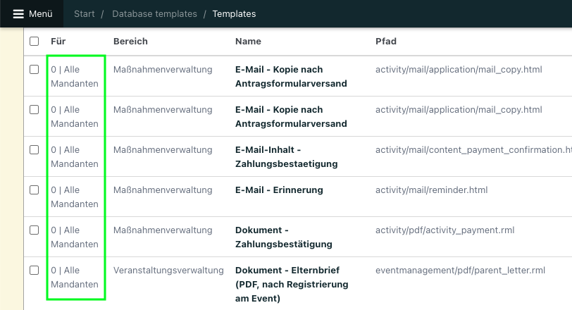 Screenshot der Übersicht der DB-Templates. Zu sehen sind nur Templates der Ebene 0.