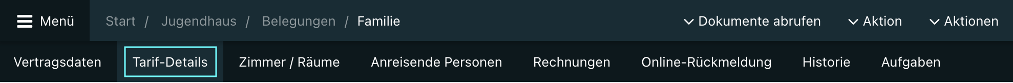 Ansicht des Tabs „Tarif-Details“ in der Belegungsübersicht.