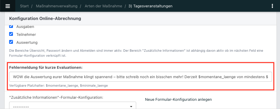 Screenshot einer Maßnahmenart im Bereich Konfiguration Online-Abrechnung.