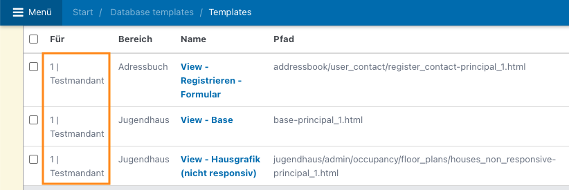 Screenshot der Übersicht der DB-Templates. Zu sehen sind nur Templates der Ebene 1.