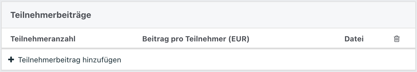 Tabelle für Teilnehmerbeiträge mit Spalten für Teilnehmeranzahl, Beitrag pro Teilnehmer in Euro und Datei.