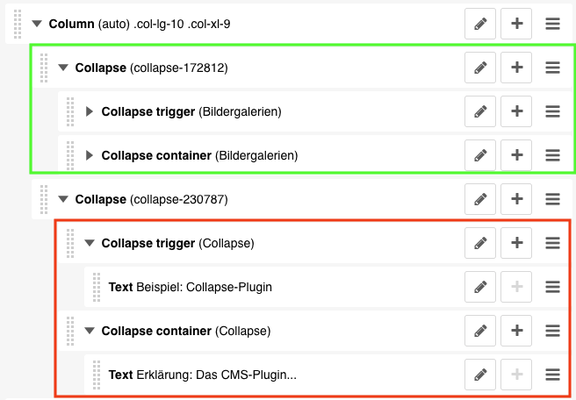 Screenshot von zwei Collapsen und ihren untergeordneten Plugins.