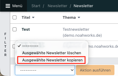 Screenshot aus der Software: geöffnetes Dropdown-Menü in der Newsletterübersicht.