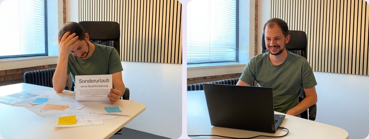Linkes Bild: Mann sitzt vor Papierstapeln mit verzweifeltem Gesichtsausdruck. Rechts ein glücklich lächelnder Mann vor einem Laptop.