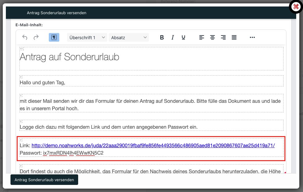 Screenshot aus der Software: geöffnete Mail, um einen Antrag zu versenden.