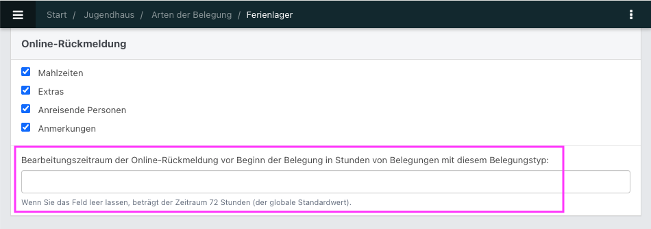 Screenshot einer Art einer Belegung im Bereich der Online-Rückmeldung.
