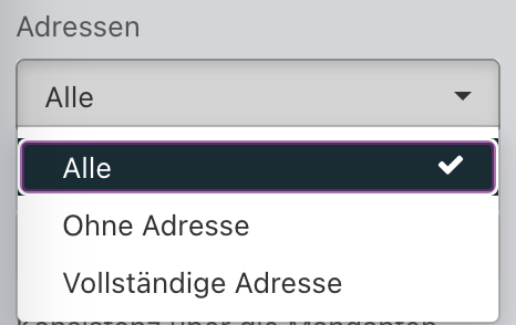 Ein Screenshot von den Filtern für Adressen.