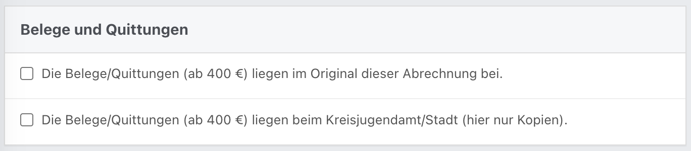 Auswahlfelder für Belegnachweise mit zwei Optionen.
