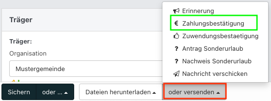 Screenshot aus der Software: geöffnete Dropdown-Menüs, um zu versenden.