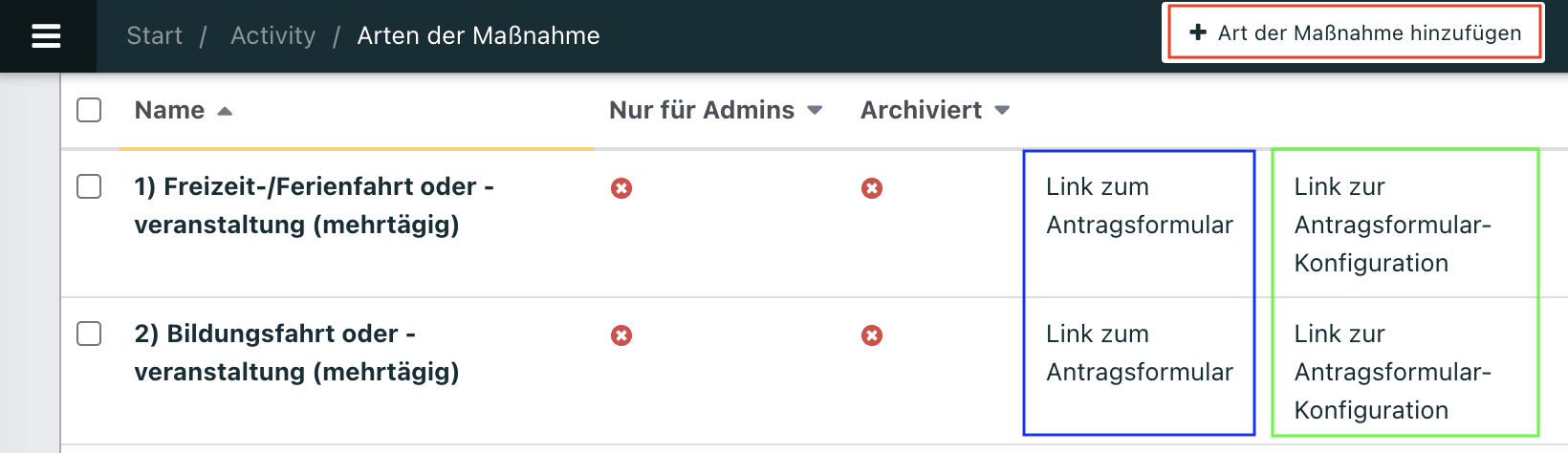 Screenshot aus der Software: geöffnete Arten der Maßnahme.