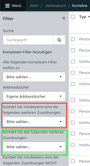 Screenshot der Filter im Adressbuch.