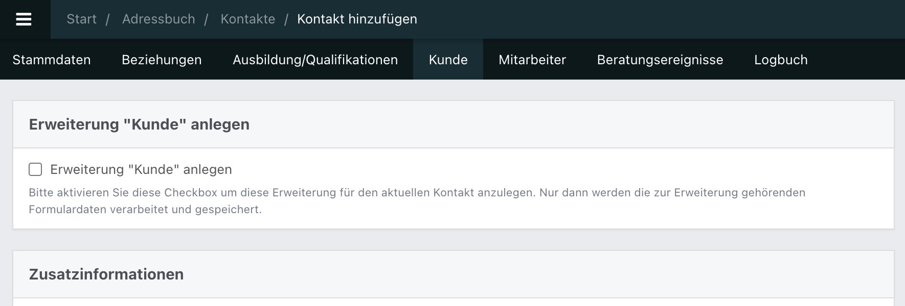 Screenshot aus der Software: Tab Kunde.