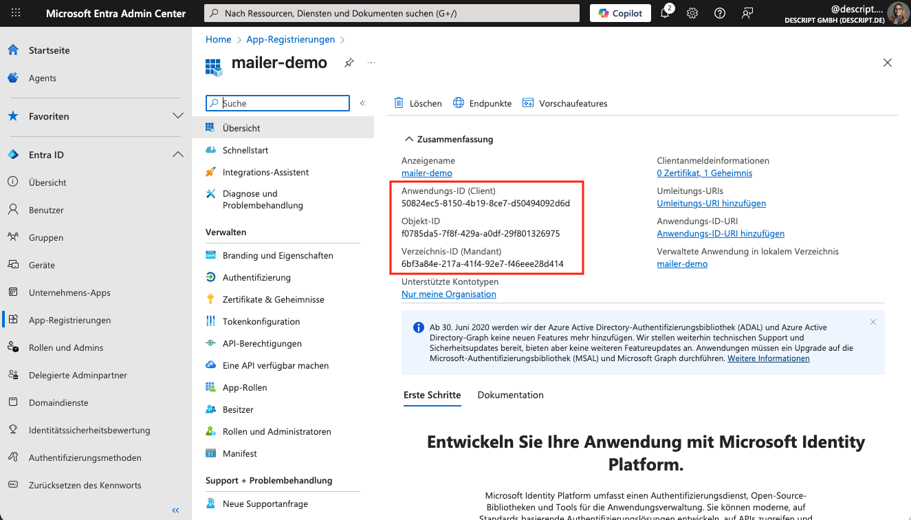 Screenshot aus dem MS Entra Admin Center. Zu sehen ist die neu angelegte App-Registrierung.