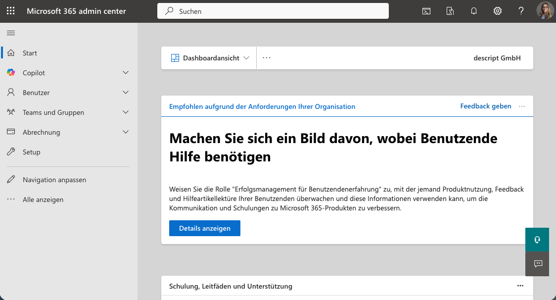 Screenshot aus dem MS 365 Admin Center. Zu sehen ist die Startseite desselbigen.