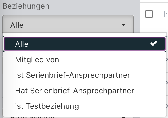 Ein Screenshot von den Filtern für Beziehungen.